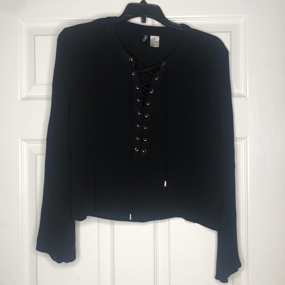 Divided Tie Up Long Sleeve Black Shirt